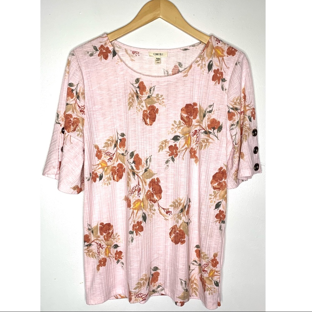 Como Blu light Pink Floral Bell‎ Sleeve Cotton Top